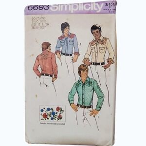 Vintage Simplicity 6693 Teen Boys Western Shirt Pattern 1970s Yoke Embroidery